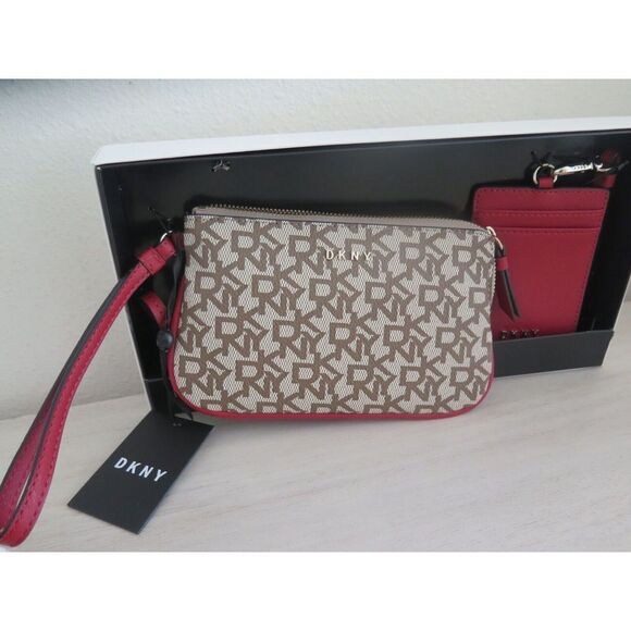 DKNY R13LJQ84 Brown Signature Logo Wristlet Clutch Lanyard ID Holder Gift Set - Picture 5 of 11